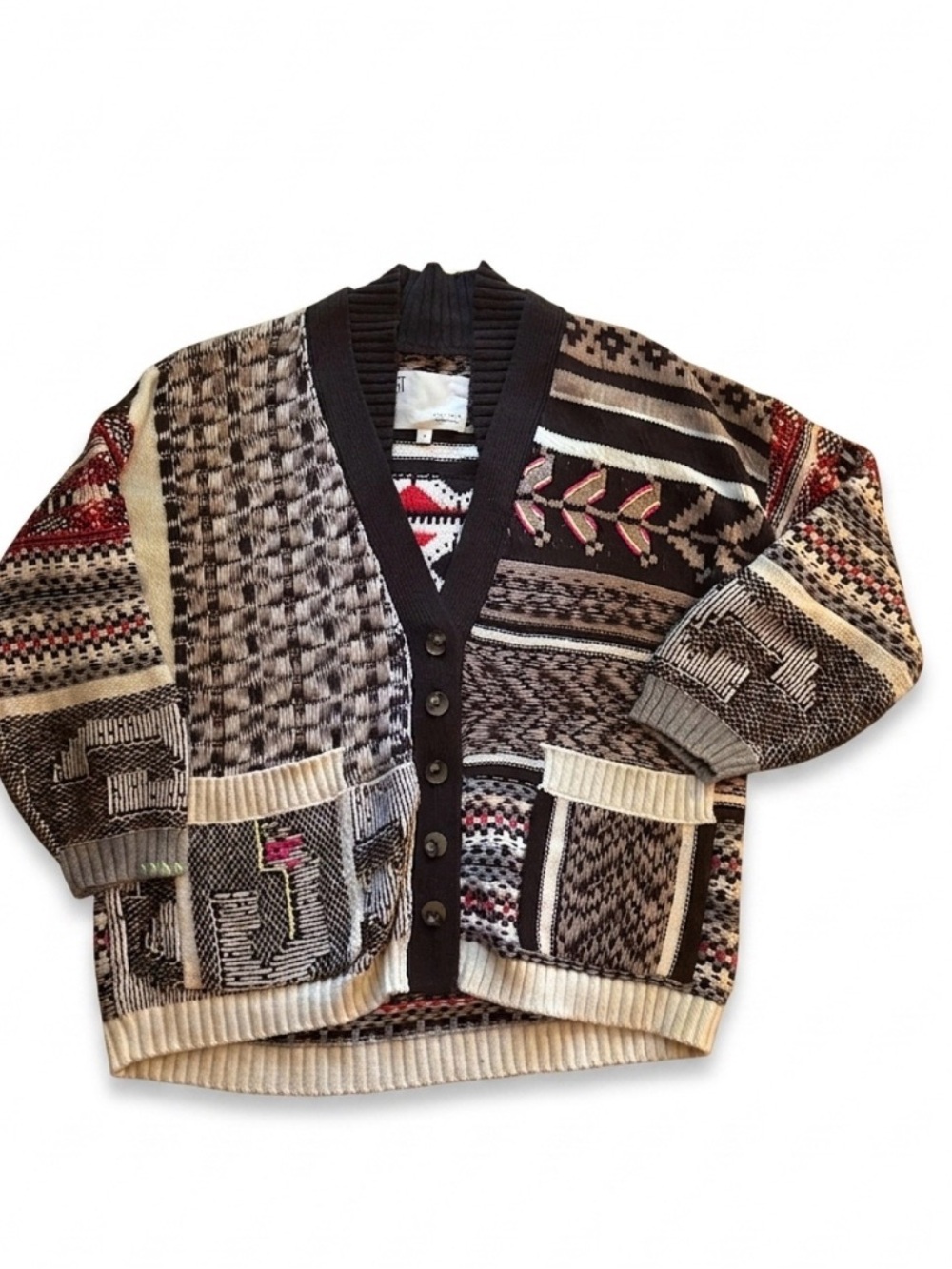 Pilcro Brown Patchwork Multi-Pattern Cardigan Slouchy Oversized - XS - Picture 4 of 10